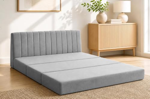 Image of 3 Seater Foldable Floor Sofa Bed with, Modern Velvet Fabric Folding Couch for Living Room, Guest Room & Small Spaces- Grey Color