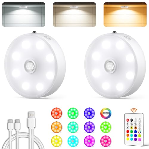 LENOMA Puck Lights with Remote Rechargeable Under Cabinet Lighting 3 Color Temps 12 RGB Color LED Motion Sensor Lights Wireless Dimmable Tap Lights for Closet Kitchen Shelf Stair 2 Pack