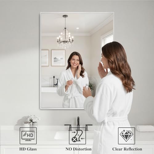 Image of Koonmi White Rectangle Wall Mirror, 30x36 Inch Bathroom Mirror, Aluminum Frame Vanity Mirror for Entryway, Living Room, Bedroom Bathroom, Hangs Horizontally or Vertically
