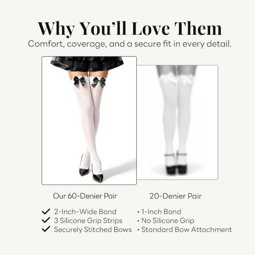 Image of Women's White Thigh-High Stockings with Satin Bows, Stay-Up Socks