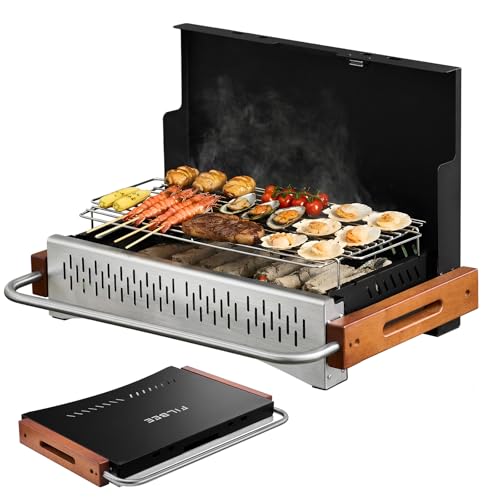 Filbee Portable Hibachi Charcoal Grill for Outdoor Camping, No Assembly BBQ Grill with Stainless Steel Grate, Height Adjustable Foldable Grill for Beach and Patio