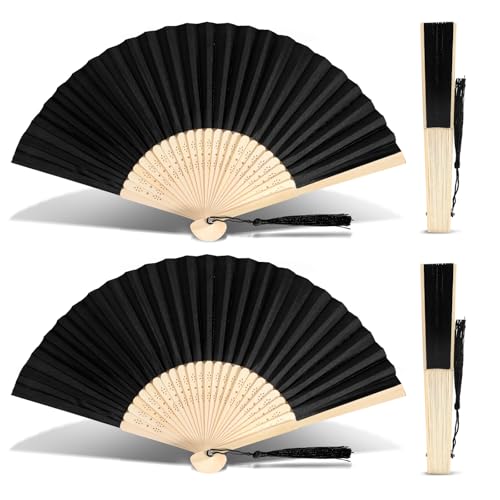 Nogeqi 2 Stück Schwarz Faltbare Fächer, Faltbarer Handfächer Hochzeit, Hand Fan Fecher Rave Outfit Damen, Chinesische Schwarzer Fächer Bambus Für Geburttag, Party, Wedding, Wand Deko, Hochzeit
