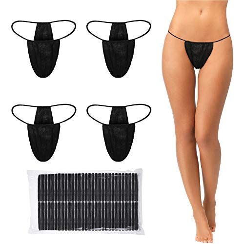 Giugu 50 Pieces Disposable Thong Panties Spa T Thong Underwear Tanning Wraps Disposable Bikini Thong Panties for Woman, Individually Wrapped Black