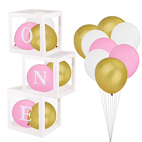 First Birthday Balloons Boxes Party Decorations, 3 Pieces Clear Ballons Decoration Boxes with Letters ONE and Ballons for Baby Shower, Photo Shot Prop, 1st Birthday Party Supplies (Pink)