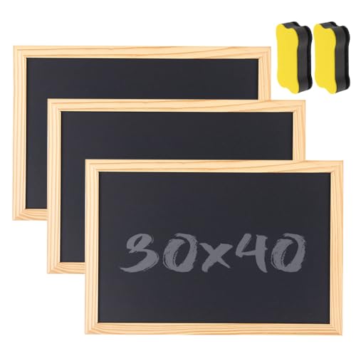ZOYDP Lot de 3 tableaux noirs avec cadre en bois - 30 x 40 cm - Format A4 - Pour écrire - Avec 2 éponges - Petit tableau noir pour mariage, mémo, fête,...