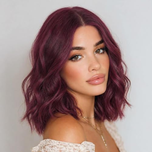 Image of Eawwii Wigs for Women Wine Red,Short Wavy Synthetic Lace Wig