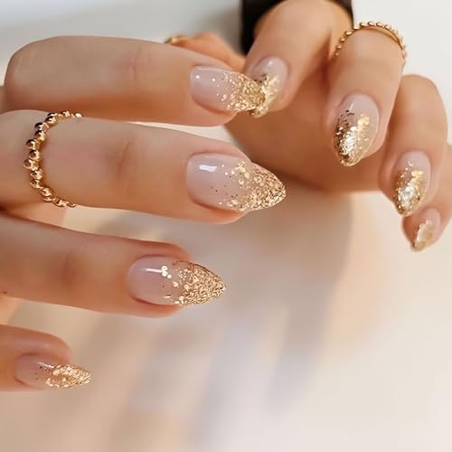 RUOKEXIN Almond Press on Nails Short Fake Nails Gold Glitter False Nails with Designs Full Cover Nail Press ons Sparkly Artificial Nails for Women 30Pcs