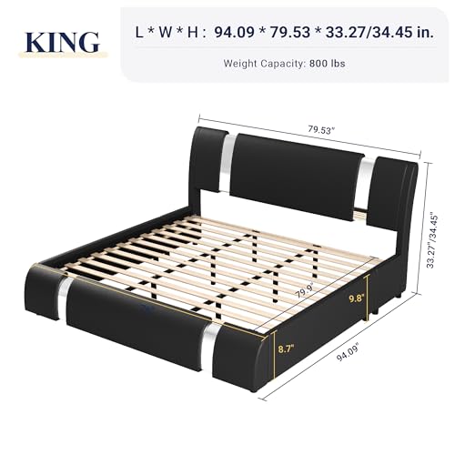 Allewie King Size Bed Frame with Iron Piece Decor, Faux Leather Upholstered Platform Bed with Curved Adjustable Headboard, Wooden Slats Support, No Box Spring Needed, Modern Black