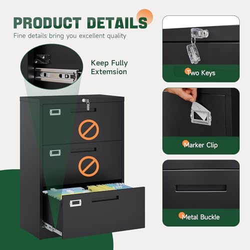 Image of Letaya 3 Drawer File Cabinets with Lock,Metal Lateral Filing Storage Cabinet Printer Stand,Black Steel Home Office Cabinet for Hanging Files Letter /Legal /A4 Size (Black, H39.84xW28.35xD15.74)