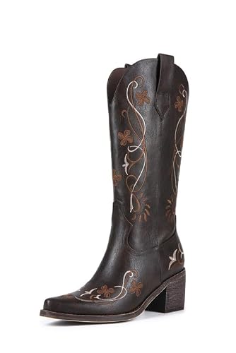 ZJA Womens Mid Calf Cowboy Floral Pointed Toe Chunky Boots Dark Brown Size 8