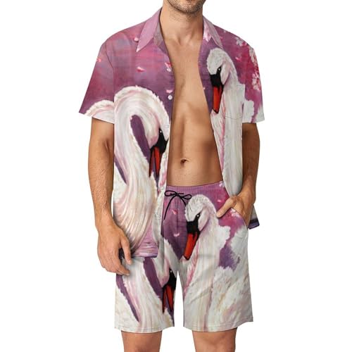 Chemise Hawaïenne Hommes Légère Cygne Blanc Ensemble Short Pantalon Anti Chaleur Plage S