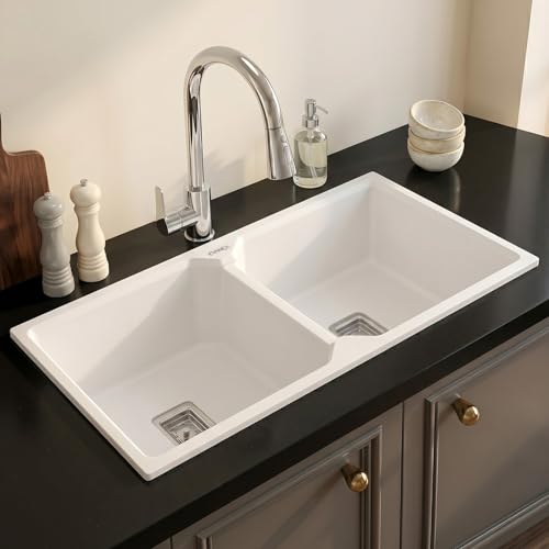 Image of EVANEX Quartz Sink for Kitchen | Double Bowl | Topmount /Undermount Kitchen Sinks | White Double Sink with Connector, Waste Pipe, Coupling and Drain Basket | 37x18x9 Granite Kitchen Sinks