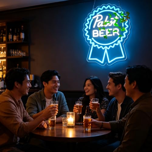 Image of AHlove Pabst Beer Neon Signs for Wall Decor,LED Neon Lights Suitable for Man Cave Bar Pub Restaurant Christmas Gift Art 5V Power Adapter, 12 * 15Inch(sky blue+white)