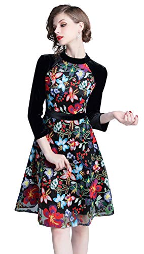 Women's Casual Round Neck Embroidered Floral Cocktail Party Swing Dress