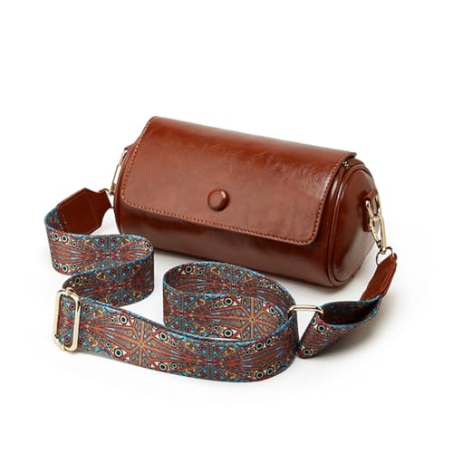 Cylinder Crossbody Bags for Women Small PU Leather Shoulder Purses Unique Design Handbags with Patterned Wide Strap