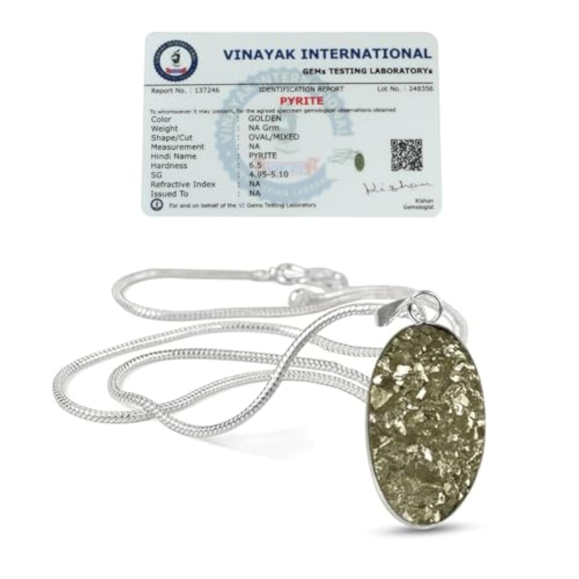 Natural Certified Rough Stone Pyrite Oval Pendant with Chain