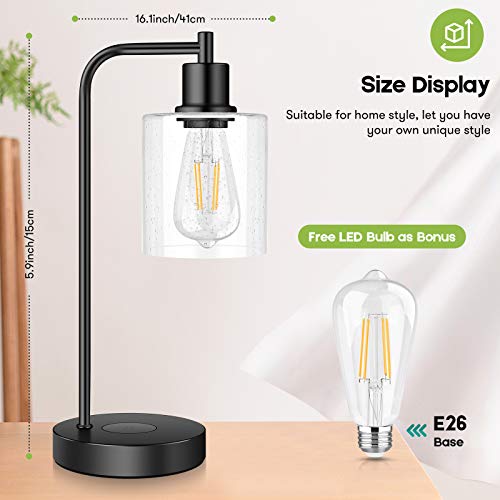 Wireless Charging Industrial Table Lamp 3-Way Touch Control Dimmable Desk Lamp with USB Port Bedside Lamp with Hanging Seeded Glass Shade for Office Bedroom Living Room, Bulb Included - Thumbnail 5