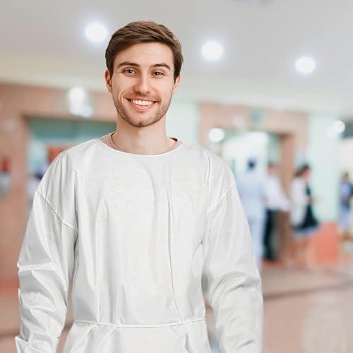 AMZ Medical Supply Disposable Isolation Gown, X-Large. Pack of 10 White Microporous 50 GSM PPE Gowns Disposable. Personal Protective Gown with Elastic Wrists, Thumb Loops, Waist Neck Ties, No Pockets