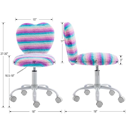 Image of Kmax Kids Reading Chair, Rolling Cute Desk Chair for Girls Swivel Office Chair with Wheels & Heart Back Adjustable Childrens Vanity Chair for Bedroom Reading Room - Faux Fur, Rainbow