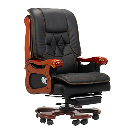 Kinnls Evan Massage Office Chair 2.0 With Footrest Ergonomic Fully Reclining Office Chair Comfortable Genuine Leather Executive Office Chair Adjustable Tilt Back Angle And Arm (Cowhide Leather-Black) #TOP22
