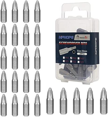 HPHOPE PH1 Bit x 25mm Length Screwdriver Bits, 1/4 Inch Standard Hex Fitting (25 Bits per Box)