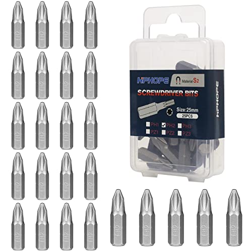 Image of HPHOPE PH2 Bit x 25mm Length Screwdriver Bits, 1/4 Inch Standard Hex Fitting, 25 Bits per Box