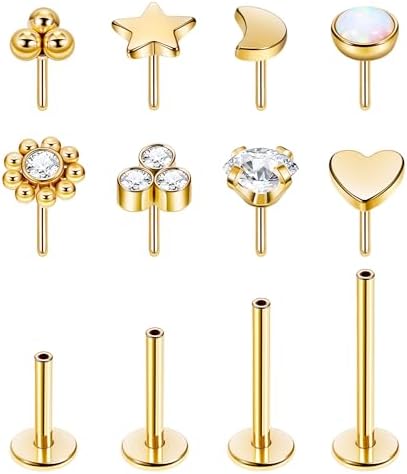 16G 18G 20G 316L Stainless Steel Threadless Push in Labret Monroe Studs Lip Rings for Women Men Flat Back Cartilage Earrings Helix Tragus Stud Earrings Conch Medusa Piercing Jewelry