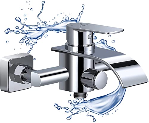 KULACO Robinet de Baignoire Cascade, Mitigeur Baignoire, Robinet de Bain Laiton, Mitigeur douche, Robinet Baignoire avec interrupteur à bouton-poussoir, Robinet de Douche Chromé - ‎Montage mural