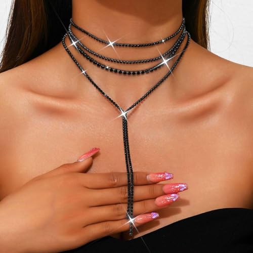 Atigy Silberne Halskette mit Strasssteinen Kristall Choker Halsketten lange funkelnde Halskette Schmuck für Damen (Schwarz)