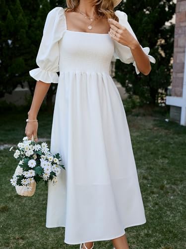 Womens Square Neck Shirred Detail Puff Sleeve A-Line Dress Vacation Outfits Backless A Line Dresses for Women3