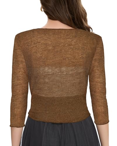 Image of Women Crop Cardigan Sheer Mesh Bolero Shrug for Dress Tie Front 3 /4 Sleeve Tops