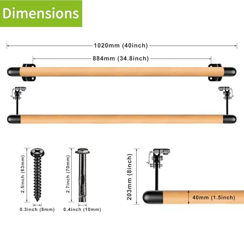 Kipika Wall Mounted Ballet Barre System - Solid Wood Stretch/Dance Bar with Adjustable Height and Metal Brackets - 3 FT x 1.5" - Home Workout/Dance Equipment by Kipika - Image 7