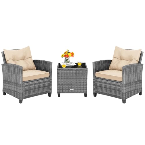 Image of Tangkula 3 Pieces Wicker Patio Furniture Set, Outdoor Rattan Conversation Cushioned Chair Set with Tempered Glass Side Table, for Porch, Balcony and Garden