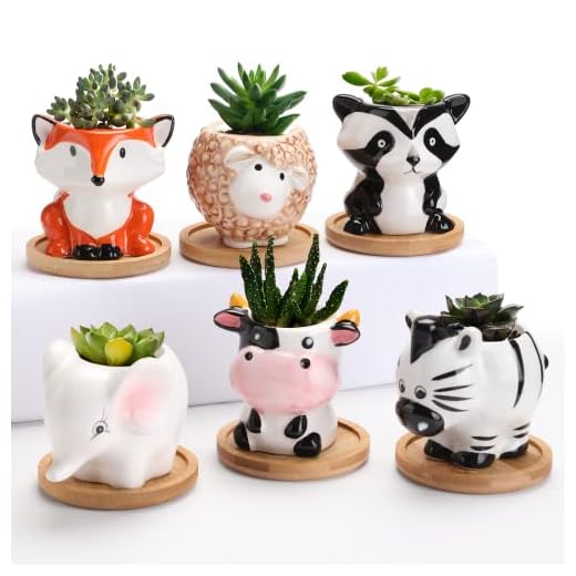 BATTIPAW 6PCS Small Ceramic Succulent Pots with Drainage Hole and Bamboo Tray, Cute Animal Planter Pots, Small Plant Flower Container Set for Home Office Decor