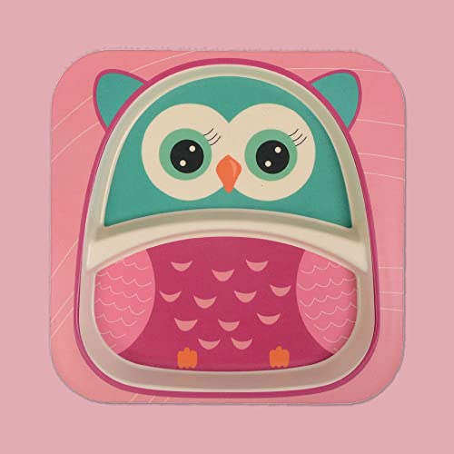 Image of POLKA TOTS Eco Friendly Bamboo Fiber Dinner Set, 5 Pcs Tableware Crockery Set for Weaning Toddler & Self Feeding Baby Utensil Set for Baby Kids (Owl)