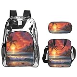 Unkhtt Juego de mochila unisex transparente con estampado de atardecer tropical para la escuela, viajes, al aire libre, bolsa transparente para el almuerzo