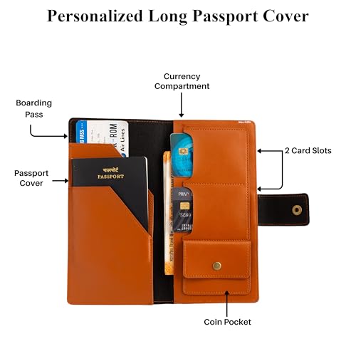 Image of AICA Personalized Name & Charm Long Leather Wallet Passport Cover (Tan Brown) with Boarding Pass Holding Currency Card Slot & Coin Holder for Men & Women | Birthday Travel Gifts for Friends Family