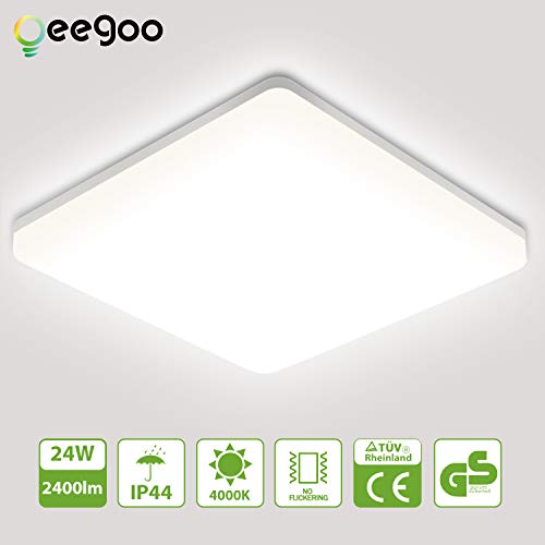 Oeegoo 24W Plafonnier LED Salle de Bain, Étanche IP44, 2400LM Eclairage Puissant, Lumière Blanc du Jour 4000K, Plafonnier Carré 33 CM, pour Bureau, Cuisine, Chambre, Balcon, Couloir