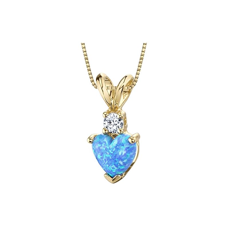 PEORA 14K Yellow Gold Created Blue Opal with Genuine Diamond Pendant, Heart Shape Solitaire, 6mm