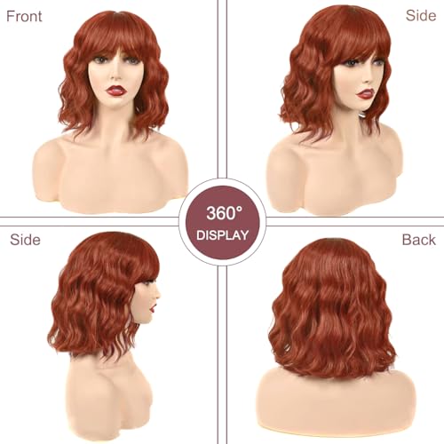 PORSMEER Short Pastel Wavy Bob Dark Auburn Wig with Fringe Natural Looking Synthetic Hair Wigs for Women Ladies Party Or Daily Wear - Image 2