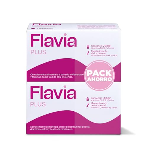FLAVIA Plus Pack 2 x 30 Comprimidos - Alivia los Síntomas de la Menopausia, Bienestar de los Huesos, Disminuye el Cansancio, Complemento Alimenticio con Isoflavonas de Soja y Calcio