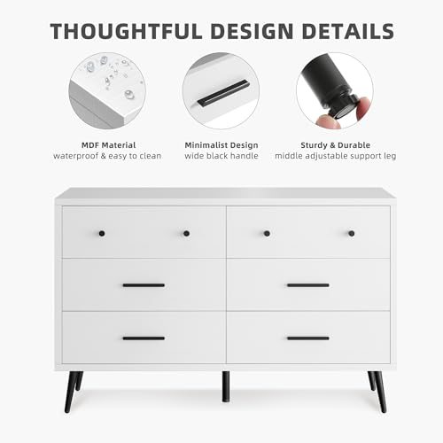 DWVO White 6-Drawer Dresser, Modern Wooden Chest of Drawers with Black Metal Handles & Anti-Tip Safety, Stylish Storage Cabinet for Bedroom, Living Room, Hallway, or Entryway