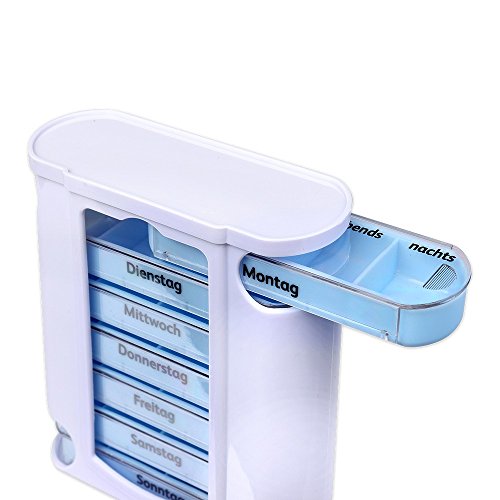 Schramm® pillendoos wit met blauwe schuiven, 7 dagen pillen/tablettendoos tablettenvak pillendoosje pillendoos tablettenbox pillenbox pillen weekdispenser - Afbeelding 4