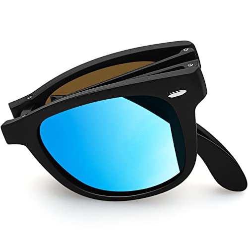 Joopin Lunettes de Soleil Pliables Polarisées pour Homme et Femme Lunette Classique Pliante Anti-reflet Miroir Bleu