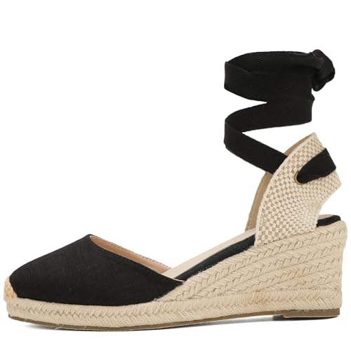 TONIVIS Women’s Platform Wedges Espadrilles, 2.5" Wedge, Soft Ankle-Tie Strap, Closed Toe, Classic Summer Sandals Black 7 Size