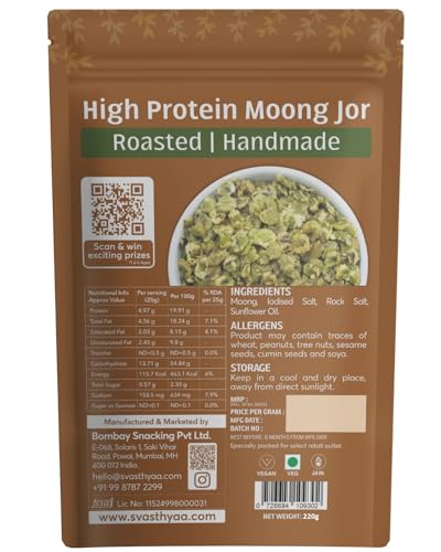 Image of Svasthyaa High Protein Moong Jor | Roasted Moong Dal Namkeen Snack | Healthy Vegetarian Dal Snack | Gluten Free, Vegan & Jain | Breakfast, Travel & Kids | 220g (Pack of 3)
