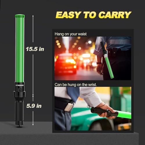 Image of E-riding 1 Pack Traffic Wand, 21 Inch Traffic Control Wand with 2 Flashing Modes & Side Clip, LED Safety Baton for Traffic Control, Parking, Aircraft, Car Directing (Green)