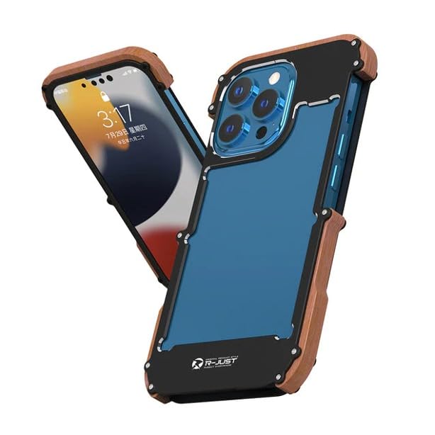 Image of MILLION CASES Back Cover Case for iPhone 15 Pro Shockproof Protective R-Just Aluminium Natural Wood Anti Shock Bumper Case for Men & Boys