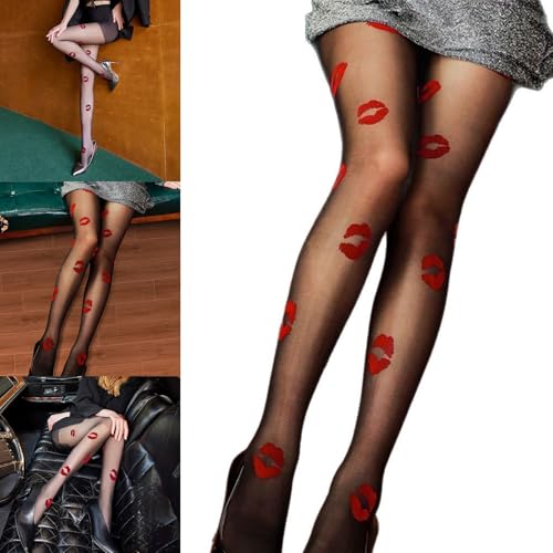 Women's Sheer Tights Kisses Patterned Control Top Tights Nylon Stockings High Waist Pantyhose Thigh High Stockings2