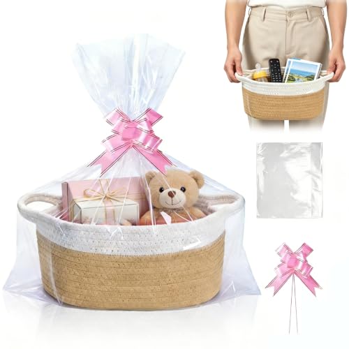 Präsentkorb Leer - Ovaler Aufbewahrungskorb aus Baumwollseil Geschenkkorb Leer mit Geschenktasche und Geschenkband für Hochzeit Geburtstag Einweihung Babyparty (Khaki-Weiß)